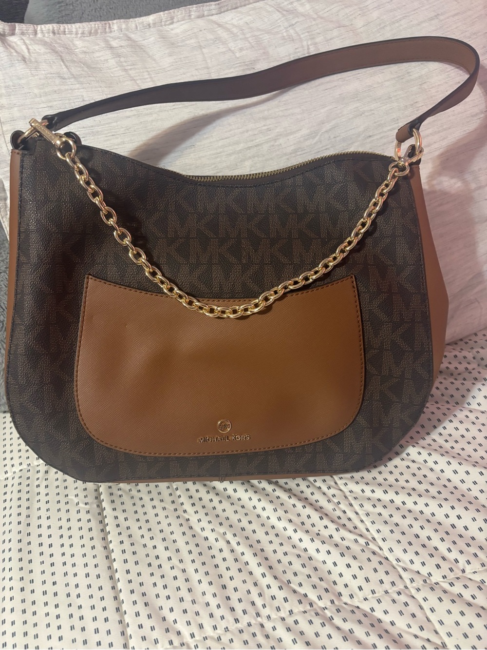 Michael Kors Brown Logo Shoulder Bag with Tan Front Pocket and Gold Chain